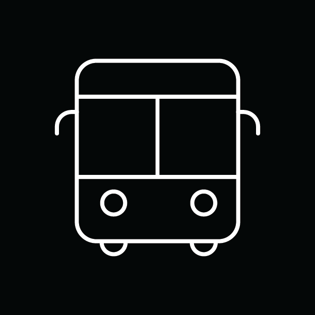 Minimal white linear icon of a bus on a dark black contrasting background representing public transport connections in Kaunas.