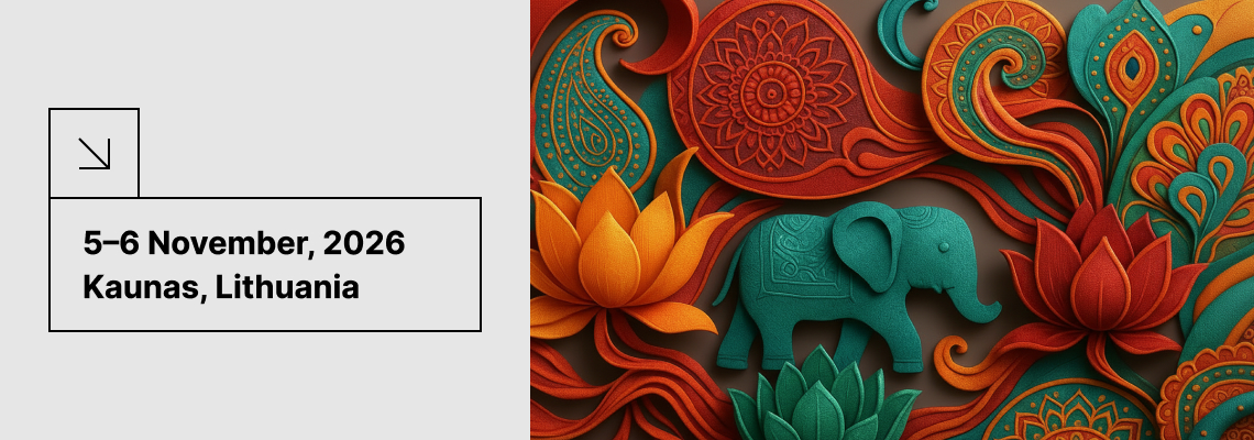 Decorative South Asian-inspired illustration featuring lotus flowers, an elephant, peacocks, mountains and traditional musical instruments alongside the conference information &ldquo;5&ndash;6 November, 2026, Kaunas, Lithuania.&rdquo; The visual represents the international conference &ldquo;Encountering the &lsquo;Other&rsquo;: Europe&rsquo;s Interactions With South Asia,&rdquo; organised at Kaunas University of Technology (KTU) by the Faculty of Social Sciences, Arts and Humanities.