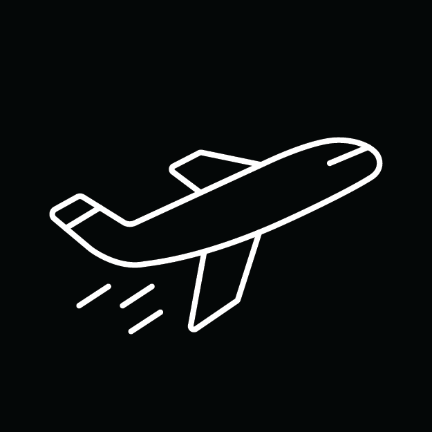 Minimal white linear icon of an airplane on a dark black contrasting background representing air travel to Kaunas, Lithuania.