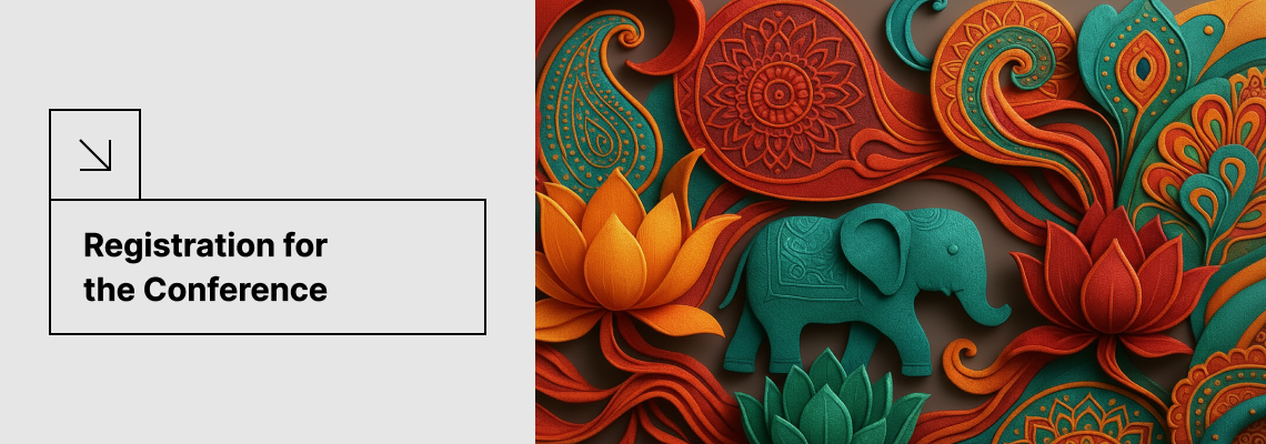 Conference registration banner with a South Asian-inspired decorative illustration featuring lotus flowers, an elephant and traditional ornamental motifs next to the text &ldquo;Registration for the Conference.&rdquo; The visual invites participants to register for the international conference &ldquo;Encountering the &lsquo;Other&rsquo;: Europe&rsquo;s Interactions With South Asia,&rdquo; organised at Kaunas University of Technology (KTU).