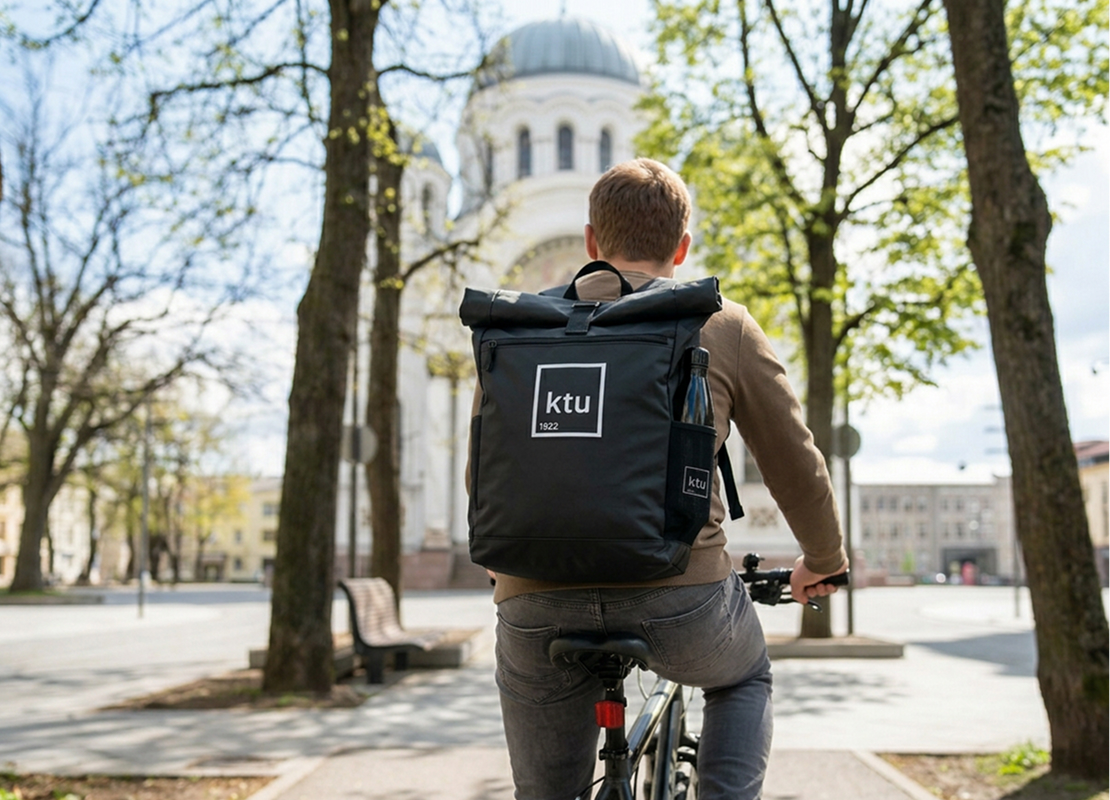 Person riding a bicycle in Kaunas city centre with a KTU backpack and reusable bottle, promoting sustainable and environmentally friendly travel for participants attending the conference at Kaunas University of Technology.