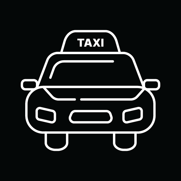 Minimal white linear icon of a taxi on a dark black contrasting background representing taxi transportation options in Kaunas city.