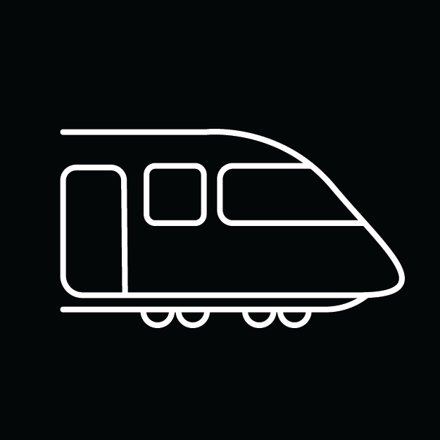 Minimal white linear icon of a train on a dark black contrasting background representing railway travel to Kaunas, Lithuania.